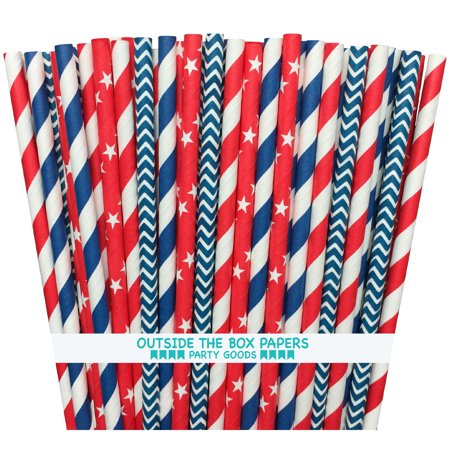 0687077612338 - OUTSIDE THE BOX PAPERS RED WHITE AND BLUE STARS AND STRIPED PAPER STRAWS BASEBALL PATRIOTIC BIRTHDAY PARTY SUPPLY- PICNIC 100%BIODEGRADABLE 7.75 INCHES PACK OF 100