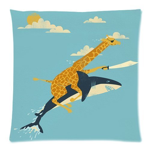 0688027718193 - WARM COLOR SQUARE THROW PILLOW COVER CASE DECORATIVE CUSHION COVER ZIPPERED PILLOW COVER CASE WITH FUNNY GIRAFFE RIDING SHARK 18 X 18 INCH(TWIN SIDES)