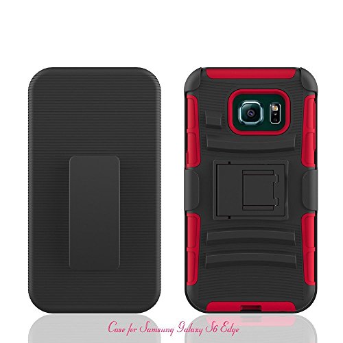 6881881495956 - GALAXY S6 EDGE CASE, SUNNYDAY DUAL LAYER ARMOR DEFENDER PROTECTIVE CASE COVER WITH LOCKING BELT SWIVEL CLIP AND KICKSTAND, FOR SAMSUNG GALAXY S6 EDGE CASE- IMPACT RESISTANT BUMPER, RED/BLACK