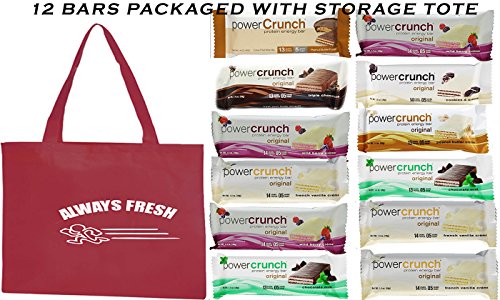 0688295562429 - POWER CRUNCH HIGH PROTEIN ENERGY SNACK1.4-OUNCE BARS (PACK OF 12), VARIETY PACK OF 7 DELICIOUS FLAVORS AND STORAGE TOTE AS SEEN IN PHOTO
