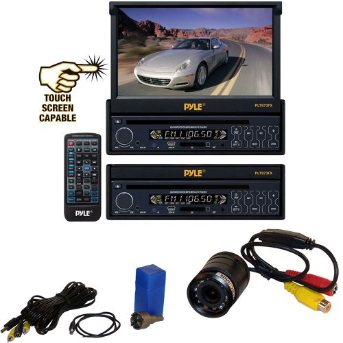 0068888734417 - VEHICLE RECEIVER AND REAR VIEW CAMERA PACKAGE - PLTS73FX 7'' SINGLE DIN IN-DASH MOTORIZED TOUCH SCREEN DIGITAL TFT/LCD MONITOR W/ DVD/CD/MP3/MP4/USB/SD/AM-FM RADIO PLAYER - PLCM22IR FLUSH MOUNT REAR VIEW CAMERA W/ 0 LUX NIGHT VISION FOR CAR, VAN, TRUCK,