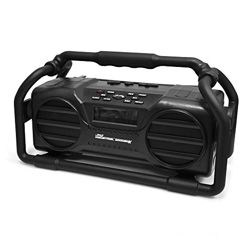 0068888760980 - PYLE PJSR350 - WATERPROOF RECHARGEABLE CORDLESS HEAVY DUTY WORKSITE RADIO WITH BLUETOOTH, AM/FM AND AUX INPUT - METAL HANDLE AND FRAME - BLACK
