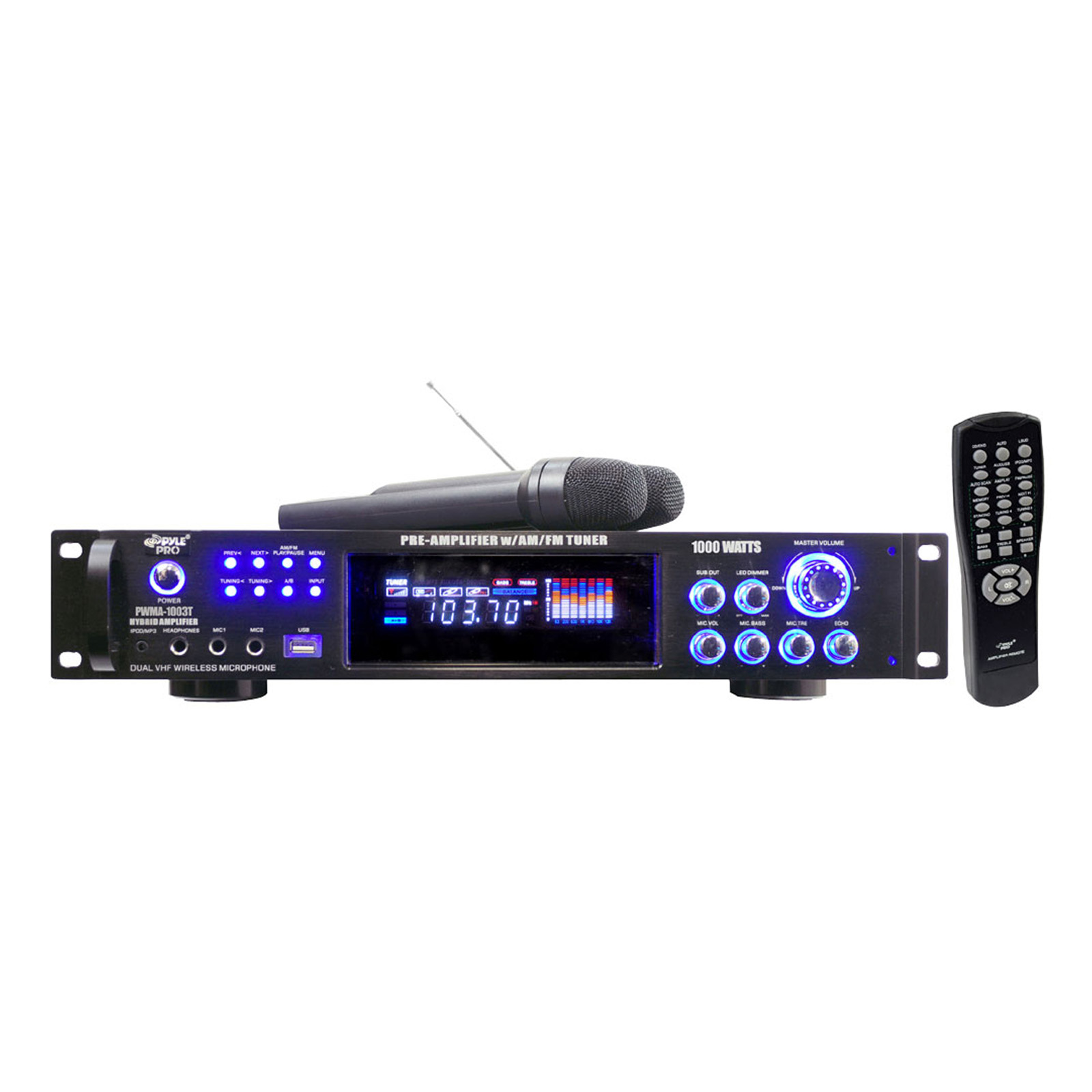 0068888886376 - 1000 WATTS HYBRID PRE-AMPLIFIER W/AM-FM TUNER/USB/DUAL WIRELESS MIC