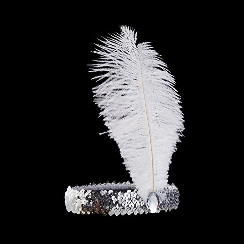 0688947779427 - LUXURY ROARING TWENTIES FEATHERED HEADBAND BY VOWSTER, 1920S COSTUME HEADPIECE DESIGN WITH SEQUINS. FOR THE ART DECO, FLAPPER GIRL THEMED VINTAGE FANCY DRESS. SILVER WITH WHITE FEATHER