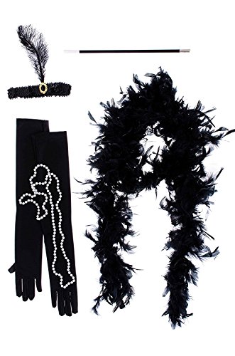 0688947779458 - LUXURY 1920S COSTUME ACCESSORY SET BY VOWSTER WITH SEQUINNED HEADPIECE,NECKLACE,FEATHER BOA,ELEGANT LONG GLOVES,STYLISH CIGARETTE HOLDER.FOR THE ART DECO,FLAPPER GIRL THEMED,VINTAGE FANCY DRESS. BLACK