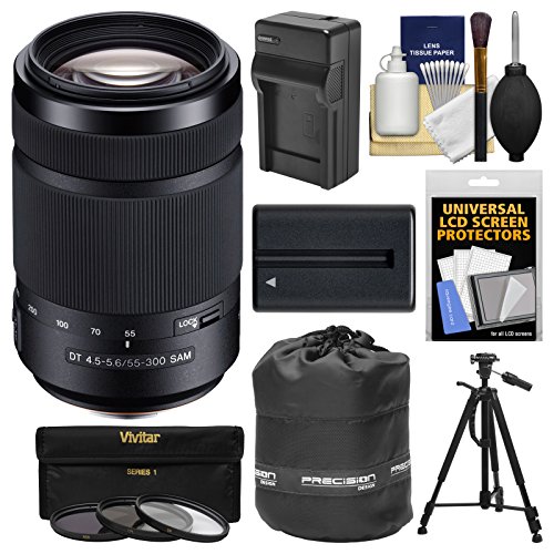 0689466764963 - SONY ALPHA A-MOUNT 55-300MM F/4.5-5.6 DT SAM ZOOM LENS WITH NP-FM500H BATTERY & CHARGER + TRIPOD + 3 FILTERS + POUCH + KIT FOR A37, A58, A65, A68, A77 II, A99 CAMERAS