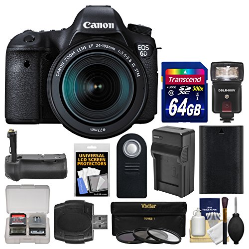 0689466804164 - CANON EOS 6D DIGITAL SLR CAMERA BODY & EF 24-105MM IS STM LENS WITH 64GB CARD + FLASH + BATTERY & CHARGER + GRIP + 3 FILTERS + KIT