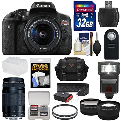 0689466813456 - CANON EOS REBEL T6I WI-FI DIGITAL SLR CAMERA & 18-55MM IS STM & 75-300MM III LENS WITH 32GB CARD + CASE + FILTERS + FLASH + TELE/WIDE LENS KIT