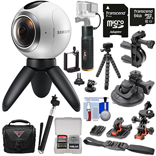 0689466876765 - SAMSUNG GEAR 360 SPHERICAL VR HD VIDEO CAMERA CAMCORDER WITH 64GB CARD + ACTION MOUNTS + CASE + 6000MAH POWER GRIP + TRIPOD + SELFIE STICK + KIT