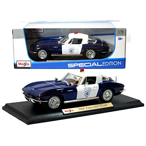0068981009566 - MAISTO YEAR 2015 SPECIAL EDITION SERIES 1:18 SCALE DIE CAST CAR SET - BLUE AND WHITE CLASSIC COUPE POLICE CRUISER 1965 CHEVROLET CORVETTE WITH DISPLAY BASE (CAR DIMENSION: 9 X 3-1/2 X 2-1/2)