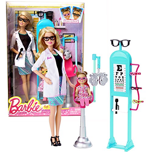 0068981250210 - MATTEL YEAR 2016 BARBIE CAREER SERIES 12 INCH DOLL SET - BARBIE AS EYE DOCTOR (CMF42) WITH TODDLER, CHAIR, EYE CHART WITH STAND, 4 GLASSES, PHOROPTER AND POCKET OPHTHALMOSCOPE