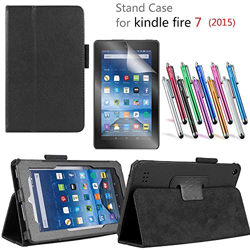 6901809748503 - FIRE 7 CASE, TDA(TM) 2015 FIRE 7 5TH GENERATION PU LEATHER FOLIO CASE SLIM LIGHT WEIGHT COVER WITH STAND + SCREEN PROTECTOR + STYLUS (BLACK)