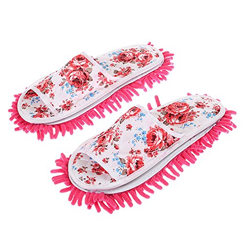6903283748512 - ZHENXINMEI 1 PAIR ROSE DETACHABLE WIPING SLIPPER UNISEX MULTIFUNCTIONAL WASHABLE COTTON & CHENILLE FIBER HOUSE FLOOR CLEANING DUST MOP SLIPPERS LAZY SHOES ANTI SLIP POWERFUL ABSORBENT (ROSE RED)
