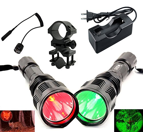 0690457606667 - UNIQUEFIRE HS-802 CREE LED GREEN + RED LIGHT FLASHLIGHT 250 YARD LONG RANGE HUNTING LIGHT COYOTE HOG LAMP TORCH WITH REMOTE PRESSURE SWITCH + BARREL MOUNT + CHARGER KIT SET FOR HUNTING FISHING