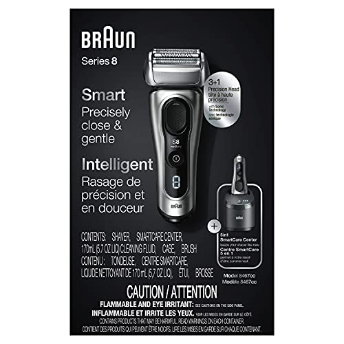 0069055889572 - BRAUN ELECTRIC RAZOR FOR MEN, SERIES 8 8467CC ELECTRIC FOIL SHAVER WITH PRECISION BEARD TRIMMER, CLEANING & CHARGING SMARTCARE CENTER, GALVANO SILVER