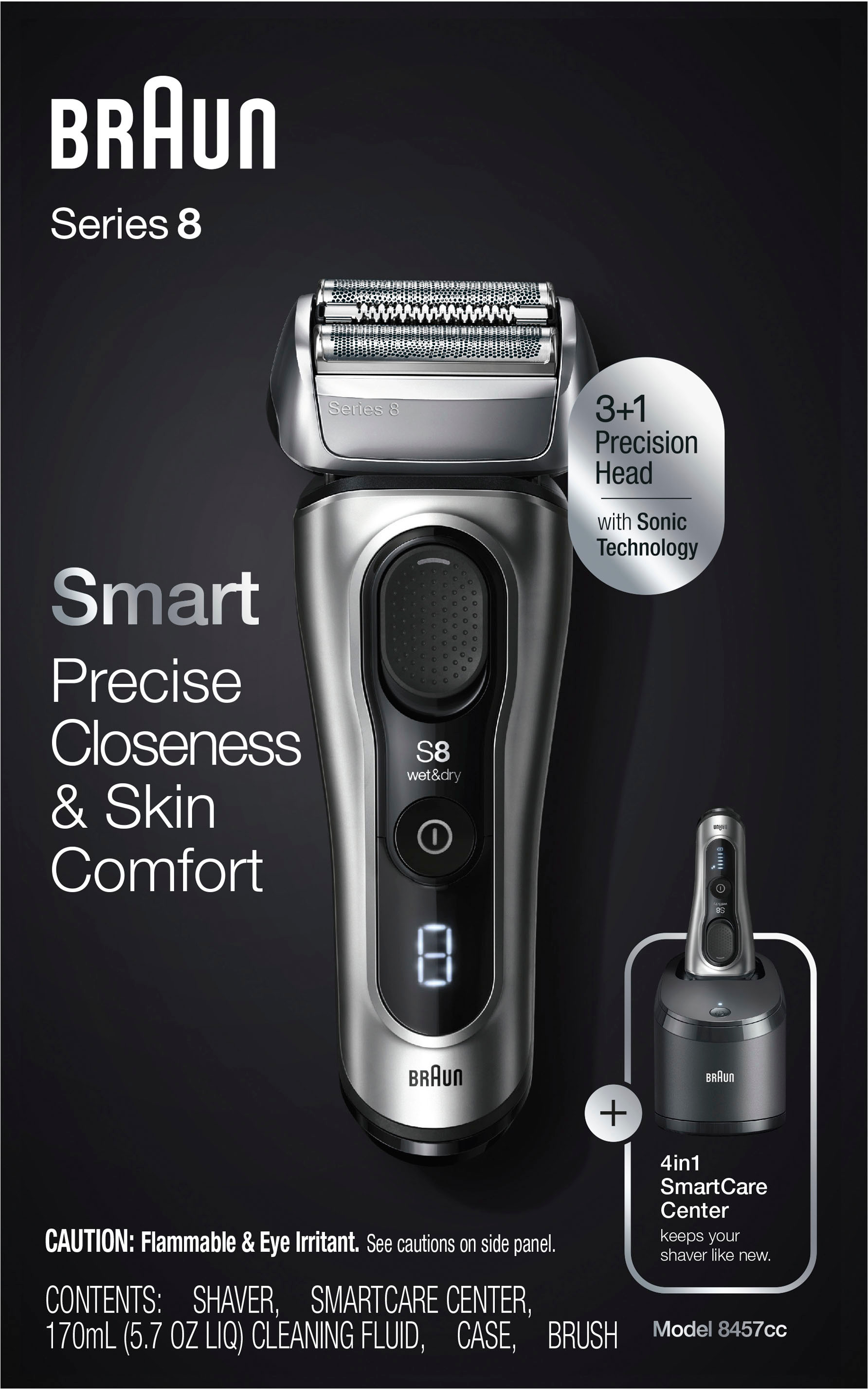 0069055889701 - BRAUN ELECTRIC RAZOR FOR MEN, SERIES 8 8457CC ELECTRIC FOIL SHAVER WITH PRECISION BEARD TRIMMER, CLEANING & CHARGING SMARTCARE CENTER, GALVANO SLIVER