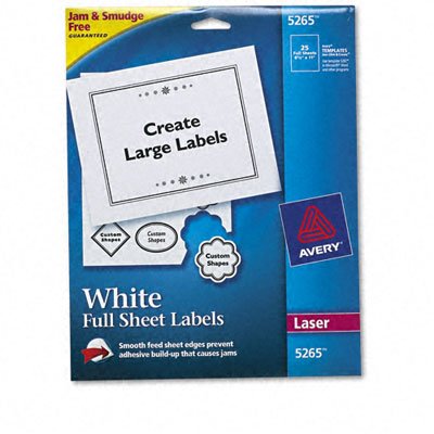0069060161960 - AVERY 5265 WHITE FULL-SHEET SHIPPING LABELS FOR LASER PRINTERS, 8-1/2 X 11, PACK OF 25
