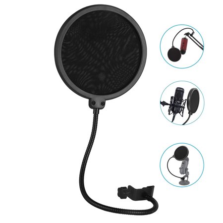 0690770074174 - TSV PROFESSIONAL MICROPHONE POP FILTER MASK SHIELD FITS FOR BLUE YETI AND ANY OTHER MICROPHONE, DUAL LAYERED WIND POP SCREEN WITH A FLEXIBLE 360° GOOSENECK CLIP STABILIZING ARM