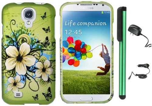 0691206164513 - SAMSUNG GALAXY S4 I9500 - APPLE GREEN BUTTERFLY FLOWER PREMIUM DESIGN PROTECTOR HARD COVER CASE (AT&T, VERIZON, SPRINT, T-MOBILE) + LUXMO BRAND TRAVEL (WALL) CHARGER & CAR CHARGER + COMBINATION 1 OF NEW METAL STYLUS TOUCH SCREEN PEN (4 HEIGHT, RANDOM CO