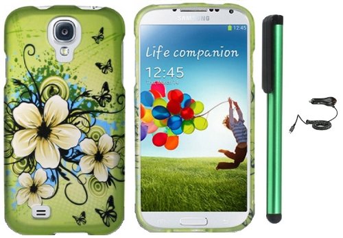 0691206164636 - SAMSUNG GALAXY S4 I9500 - APPLE GREEN BUTTERFLY FLOWER PREMIUM DESIGN PROTECTOR HARD COVER CASE (AT&T, VERIZON, SPRINT, T-MOBILE) + LUXMO BRAND CAR CHARGER + COMBINATION 1 OF NEW METAL STYLUS TOUCH SCREEN PEN (4 HEIGHT, RANDOM COLOR- BLACK, SILVER, HOT