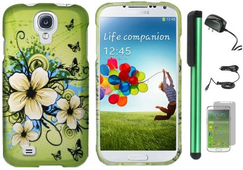 0691206164759 - SAMSUNG GALAXY S4 I9500 - APPLE GREEN BUTTERFLY FLOWER PREMIUM DESIGN PROTECTOR HARD COVER CASE (AT&T, VERIZON, SPRINT, T-MOBILE) + LUXMO BRAND TRAVEL (WALL) CHARGER & CAR CHARGER + SCREEN PROTECTOR FILM + COMBINATION 1 OF NEW METAL STYLUS TOUCH SCREEN P