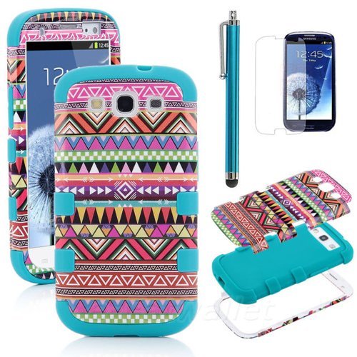 6913937467225 - HARD PLASTIC SNAP ON COVER FITS SAMSUNG I747 L710 T999 I535 R530 I9300 GALAXY S III GREEN TRIBAL BLUE TUFF HYBRID(OUTSIDE HARD GREEN TRIBAL COVER, INSIDE BLUESOFT SILICONE SKIN) +BLUE PEN/STYLUS+FRONT AND BACK LCD SCREEN PROTECTIVE FILMS+CLEANING CLOTH+A