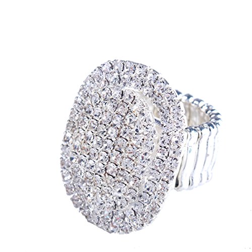 6919861400055 - SANTFE WOMEN ADORABLE CRYSTAL RHINESTONES OVAL DESIGN STRETCH FASHION RING SHINNING SILVER PLATED (STYLE 1)