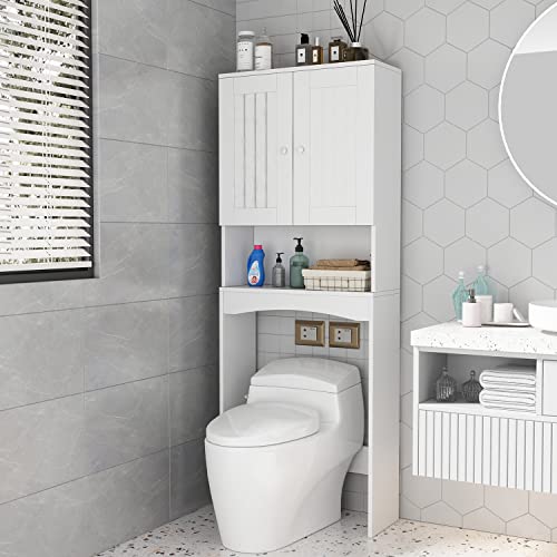 0692878238748 - MIRACOL OVER THE TOILET STORAGE CABINET RACK FREESTANDING BATHROOM STORAGE CABINET WITH DOORS AND SHELVES - SPACE SAVING BATHROOM STORAGE CABINET ORGANIZER, 62 HEIGHT, MATTE WHITE