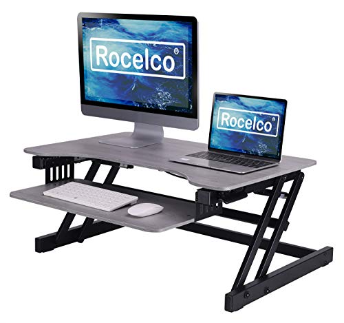 0693285001260 - ROCELCO 32 HEIGHT ADJUSTABLE STANDING DESK CONVERTER - QUICK SIT STAND UP DUAL MONITOR RISER - GAS SPRING ASSIST TABLETOP COMPUTER WORKSTATION - LARGE RETRACTABLE KEYBOARD TRAY - GRAY (R ADRG)