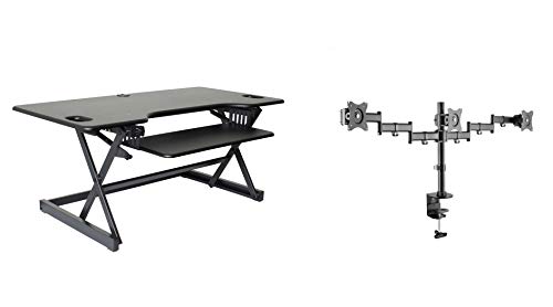 0693285001994 - ROCELCO 46 LARGE HEIGHT ADJUSTABLE STANDING DESK CONVERTER WITH TRIPLE MONITOR MOUNT BUNDLE - QUICK SIT STAND UP COMPUTER WORKSTATION RISER - RETRACTABLE KEYBOARD TRAY - BLACK (R DADRB-46-DM3)