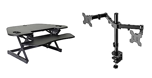 0693285002069 - ROCELCO 46 HEIGHT ADJUSTABLE CORNER STANDING DESK CONVERTER WITH AC OUTLET USB CHARGER AND DUAL MONITOR ARM MOUNT - STAND UP TABLETOP RISER WORKSTATION - KEYBOARD TRAY - BLACK (R CADRB-46-ACUSB-DM2)