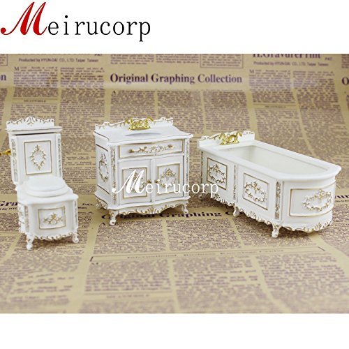 6935452201771 - 1:12SCALE DOLLHOUSE FINE MINIATURE FURNITURE WHITE PAINTING IN GOLD BATHROOM SET