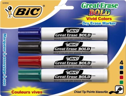 6935743308059 - BIC GREAT ERASE BOLD DRY ERASE TANK MARKER, CHISEL TIP, ASSORTED COLORS, 4-COUNT