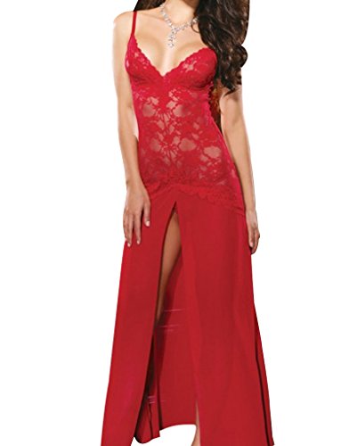 6936298934113 - RAINBOWTREE WOMEN SEE THROUGH MESH AND LACE DEEP V NECK LINGERIE MAXI LONG DRESS