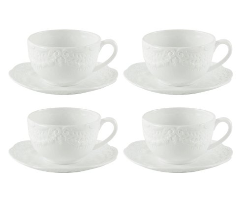 0693759001055 - GRACIE CHINA, VICTORIAN ROSE COLLECTION, 8-OUNCE CUP AND SAUCER, WHITE FINE PORCELAIN, SET OF 4