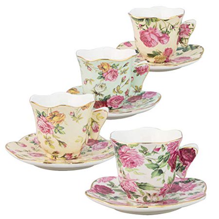 0693759001321 - GRACIE CHINA ROSE CHINTZ 2-OUNCE PORCELAIN ESPRESSO CUP AND SAUCER WITH BUTTERFLY HANDLES, SET OF 4