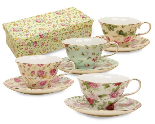0693759001338 - GRACIE CHINA ROSE CHINTZ 8-OUNCE PORCELAIN TEA CUP AND SAUCER, ASSORTED COLORS, SET OF 4