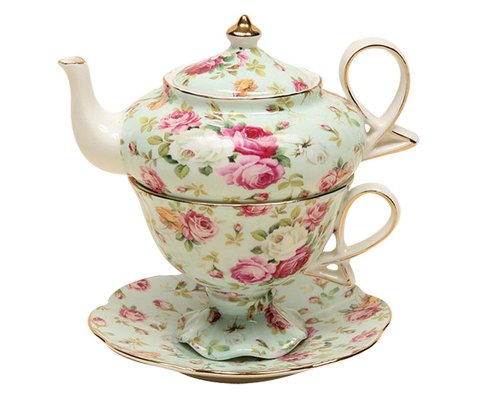 0693759001369 - GRACIE CHINA BY COASTLINE IMPORTS 4-PIECE PORCELAIN TEA FOR ONE, STACKED TEAPOT CUP SAUCER, BLUE COTTAGE ROSE CHINTZ