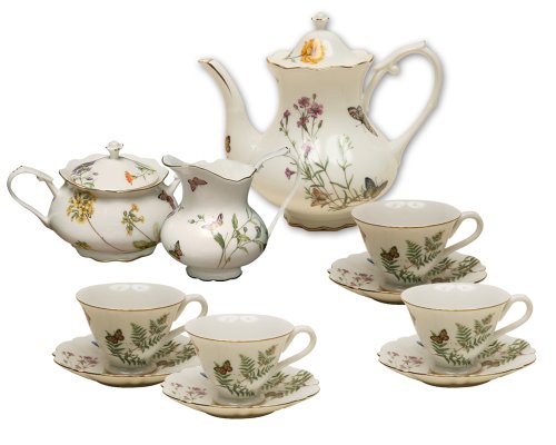 0693759002106 - GRACIE CHINA BUTTERFLY 11-PIECE PORCELAIN TEA SET, 4-CUP TEAPOT SUGAR CREAMER AND FOUR 6-OUNCE CUPS AND SAUCERS