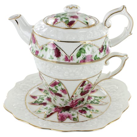0693759002441 - GRACIE CHINA BY COASTLINE IMPORTS 4-PIECE PORCELAIN TEA FOR ONE, STACKED TEAPOT CUP SAUCER, RED ROSE