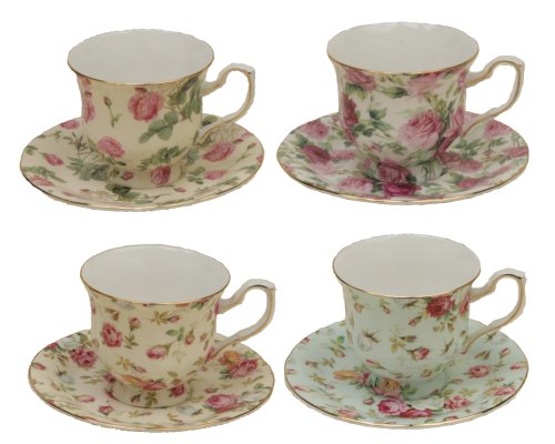 0693759004889 - GRACIE CHINA ROSE CHINTZ 3-OUNCE PORCELAIN ESPRESSO CUP AND SAUCER WITH GOLD TRIM, SET OF 4