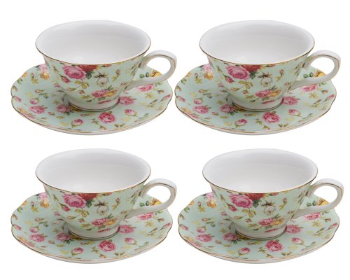 0693759130632 - GRACIE CHINA ROSE CHINTZ PORCELAIN 7-OUNCE TEA CUP AND SAUCER SET OF 4, BLUE COTTAGE ROSE