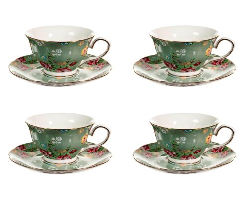 0693759130878 - GRACIE CHINA SHABBY ROSE PORCELAIN 7-OUNCE TEA CUP AND SAUCER SET OF 4, SHABBY ROSE GREEN