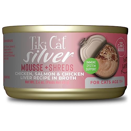 0693804100603 - TIKI CAT SILVER WET CAT FOOD FOR SENIOR CATS, CHICKEN, SALMON & CHICKEN LIVER MOUSSE & SHREDS, 2.4 OZ. CANS (12 COUNT)