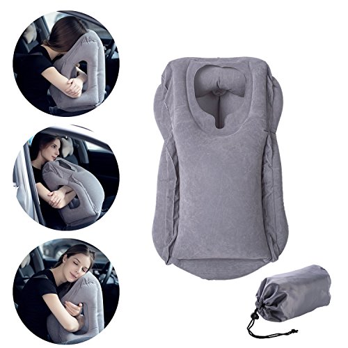 6939793189248 - BEE INFLATABLE TRAVEL PILLOW - ERGONOMIC AND PORTABLE HEAD NECK REST PILLOW, PATENTED DESIGN FOR AIRPLANES, CARS, BUSES, TRAINS, OFFICE NAPPING, CAMPING - SOFT PVC FLOCKING (GREY)