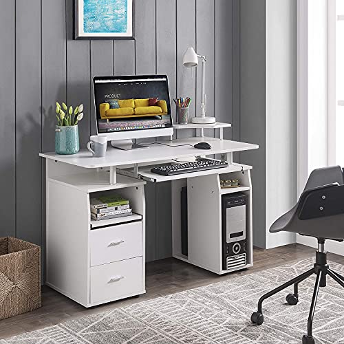 6941344489066 - COODENKEY COMPUTER DESK WITH DRAWERS AND PULL-OUT KEYBOARD TRAY FOR HOME OFFICE STUDY WRITING, WHITE