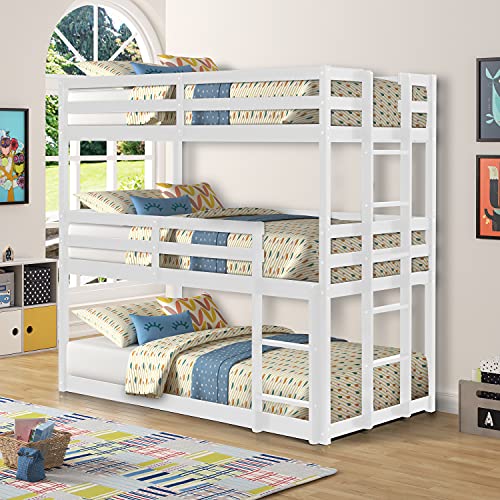 6941344489479 - KUPET TWIN TRIPLE BUNK BED FOR KIDS SOLID WOOD FRAME WITH GUARD RAIL AND TWO LADDERS, SPACE SAVING, DETACHABLE, WHITE