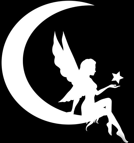 0694157135458 - FAIRY MOON SILHOUETTE VINYL DECAL STICKER|CAR TRUCK WALL COMPUTER LAPTOP PHONE |WHITE DECAL | 5 X 5.5 IN|KCD639