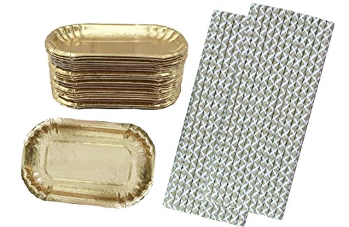 0694157882758 - OUTSIDE THE BOX PAPERS METALLIC GOLD FOIL MINI DESSERT PLATES AND DAMASK PAPER STRAWS- 24 PLATES AND 50 STRAWS GOLD, WHITE