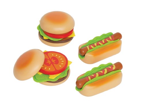 6943478004757 - HAPE - PLAYFULLY DELICIOUS - HAMBURGER AND HOT DOGS WOODEN PLAY FOOD SET